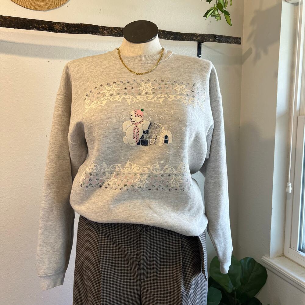 Vintage 90s USA Gray Holiday Xmas Polar Bear Crewneck Sweatshirt Size Large